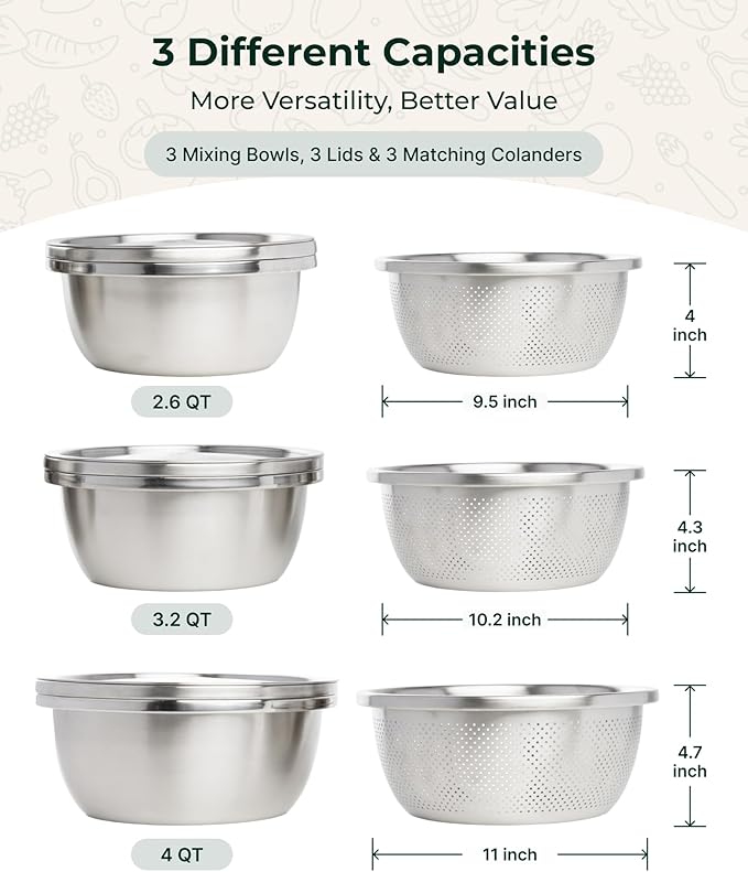 Enther Stainless Steel Colander Set with Lid - Set of 3 Rice Strainer Bowls, 2.6, 3.2, 4QT - Durable Mesh Filter, Nestable Design for Washing Vegetables, Fruit and Rice and for Draining Cooked Pasta