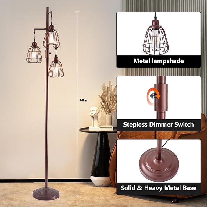 9MMML Dimmable Floor Lamp,Industrial Farmhouse Tall Standing Floor Lamp for Living Room, Bedroom Office,3 Teardrop Cage Lampshade,3 LED Bulbs Inculded. 68'' Tall
