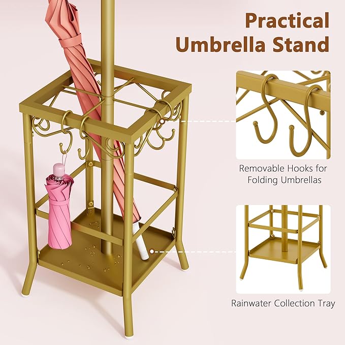 Hoctieon Coat Rack Freestanding, Coat Tree with Umbrella Holder, Metal Coat Rack Stand with 12 Hooks, Standing Coat Hanger Stand, Umbrella Stand for Entryway, Hat Rack Stand for Home Office, Gold