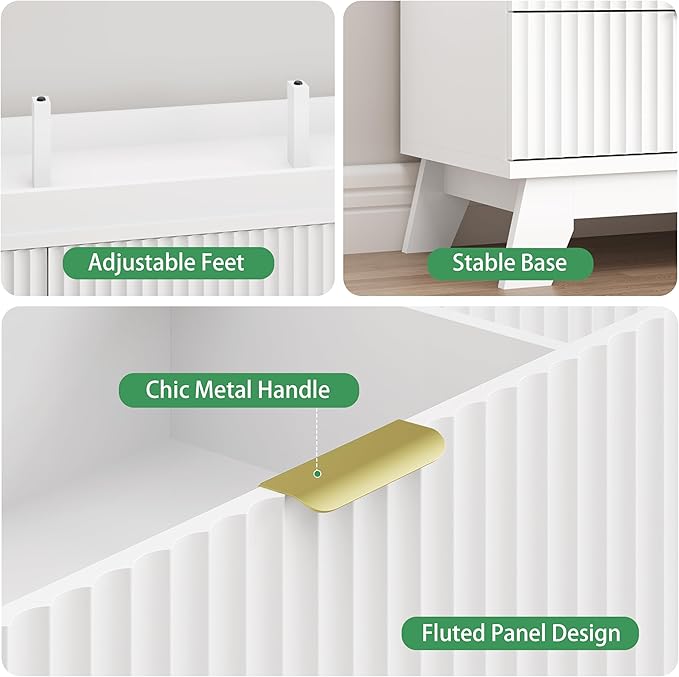 Fluted Dresser for Bedroom with 9 Drawers, 57" Wide Modern Chest of Drawers with Metal Handle, Wooden Dresser TV Stand, Wood Closet Clothes Storage Organizer for Living Room, Hallway, White