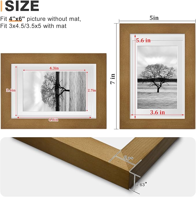 Egofine 4x6 Picture Frame Made of Solid Wood with Plexiglass, Display Pictures 3.5x5 with Mat or 4x6 Without Mat, for Tabletop and Wall Mounting Photo Frame, Light Brown