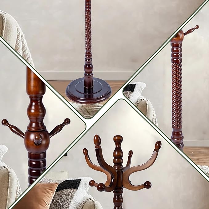 73" Wooden Coat Rack Stand,Coat Racks Freestanding With 11 Hooks And Solid Round Base Heavy Duty Adjustable Height Hall Tree Coat Rack for Entryway Hallway Foyer Office Bedroomf (Antique Color)