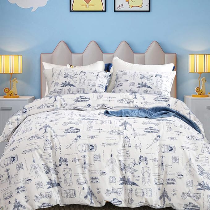 CLOTHKNOW Kids Twin/Twin XL Comforter Set Cartoon Bedding Comforter Sets Cars Blue White Comforter Toddler BeddingTwin Tank Aircraft Pattern