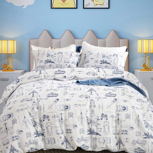 CLOTHKNOW Kids Twin/Twin XL Comforter Set Cartoon Bedding Comforter Sets Cars Blue White Comforter Toddler BeddingTwin Tank Aircraft Pattern