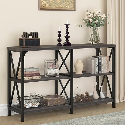 IBF Long Console Table, Industrial Entryway Table with Storage Shelves, Modern Metal Wood Sofa Table Behind Couch, Farmhouse 3 Tier Foyer Hallway Table for Entry Living Room, Dark Gray Oak, 63 in