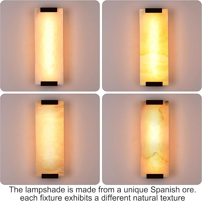 14.2in Alabaster Wall Sconce Hardwired, Large Vertical Natural Marble Wall Light Decor, LED Modern Alabaster Wall Lamp for Bedroom, Stairs, Living Room, Vanity, Bedside, Hallway, Bathroom（Black 12W）