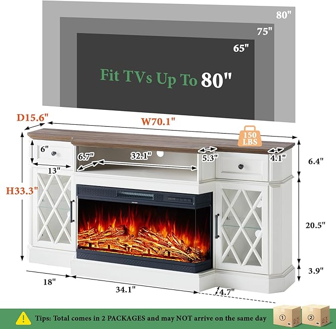 AMERLIFE 70" Bevel Farmhouse Fireplace TV Stand with 36" 3-Sided Glass Fireplace, LED Lights Entertainment Center Glass Doors & Drawers, Media Console Table Cabinet for Max 80" TV, Living Room, White