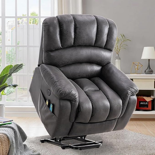 VIVIJASON Large Power Lift Chair Electric Recliner with Heat & Massage for Elderly Big People, Heavy Duty and Safety Motion Wide Recliners with 2 Remote Controls, Side Pockets & USB Ports, Gray