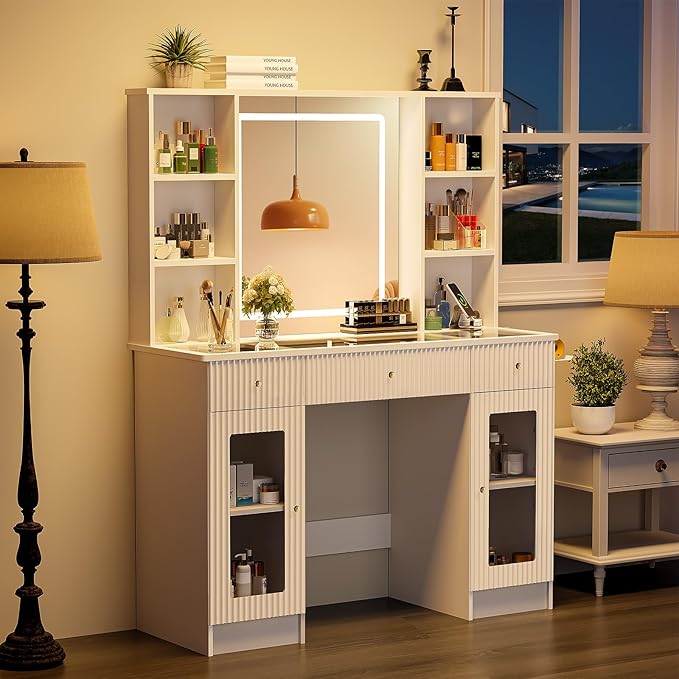 Vanity Desk with Mirror and Lights, Modern Makeup Vanity with Glass Top, Fluted Dressing Table Vanity Set with 3 Drawers, 4 Open Shelves, and Storage Cabinets for Bedroom, 3 Color Modes