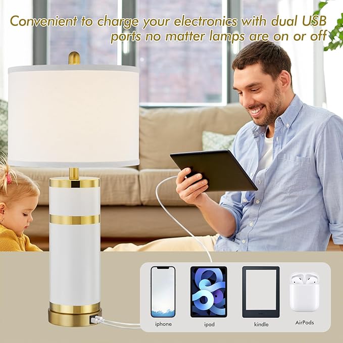 Ceramic Gold-Plated Decorative 28" Table Lamps Set of 2 with E26 Socket&Rotary Switch,USB A+C Ports,Modern Bedside Lamps for Nightstand,Bedroom,Living Room,Decoration,Office(Bulbs Included)