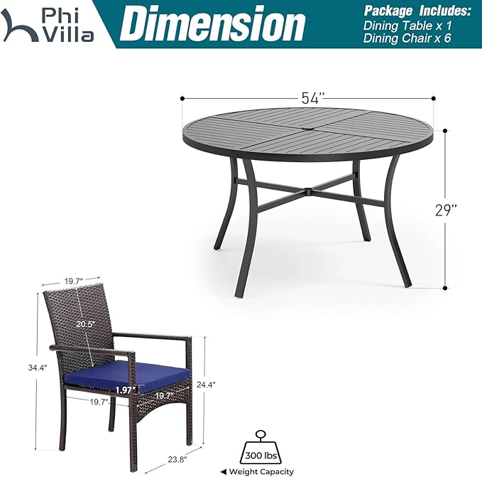 PHI VILLA 7 Pieces Outdoor Round Dining Set for 6, Large Wrought Iron Dining Table with Umbrella Hole & Cushioned Wicker Rattan Chairs, Dining Furniture Set for Patio, Deck, Yard, Porch