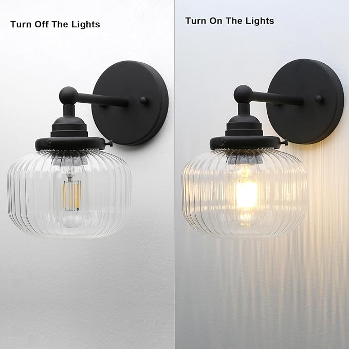 Yosoan 1-Light Indoor Modern Wall Sconce, Vanity Modern Single Vintage Industrial Wall Mount Fixture Lights with Clear Striped Glass Shade Lamp for Bathroom Kitchen Mirror Bedroom Dinning Room(Black)