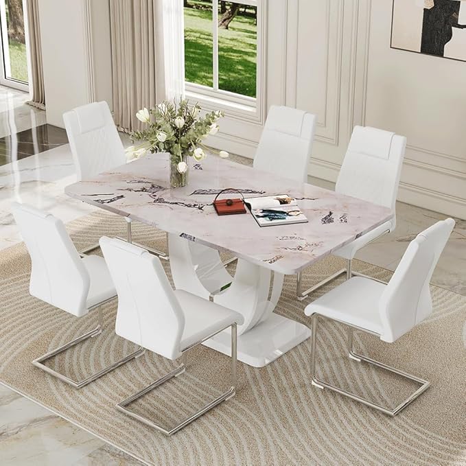 Dining Table Set for 6, Kitchen Table Chairs Set of 6, Modern Dining Room Set 63'' Faux Marble Dinner Table PU Leather Upholstered Chairs for Kitchen
