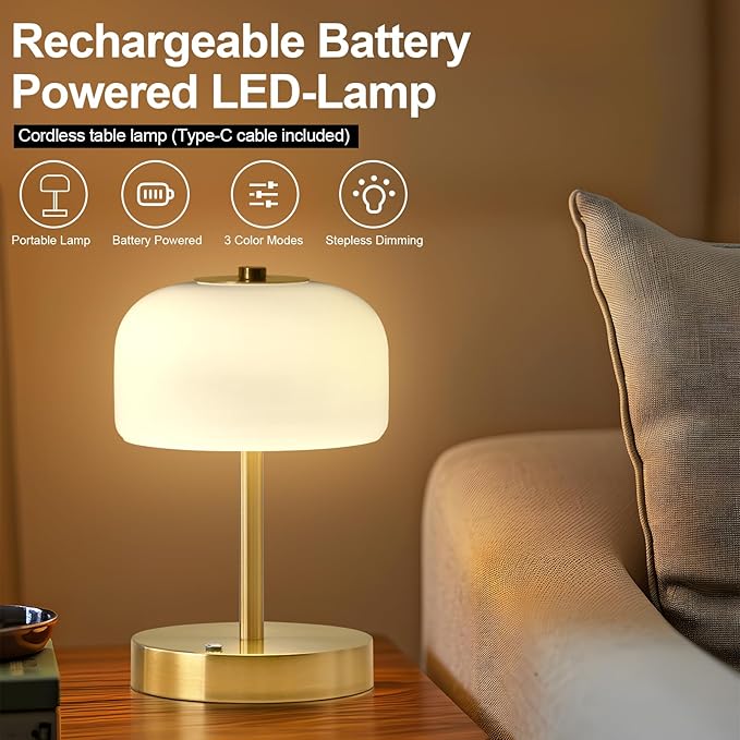 PORTRES Cordless Table Lamp Rechargeable Battery Operated Mushroom lamp Opal Glass Shade 3 Way Dimmable LED Touch Outdoor Lamp for Camping Bedroom Dining Living Room Beside Patio Restaurant,Gold