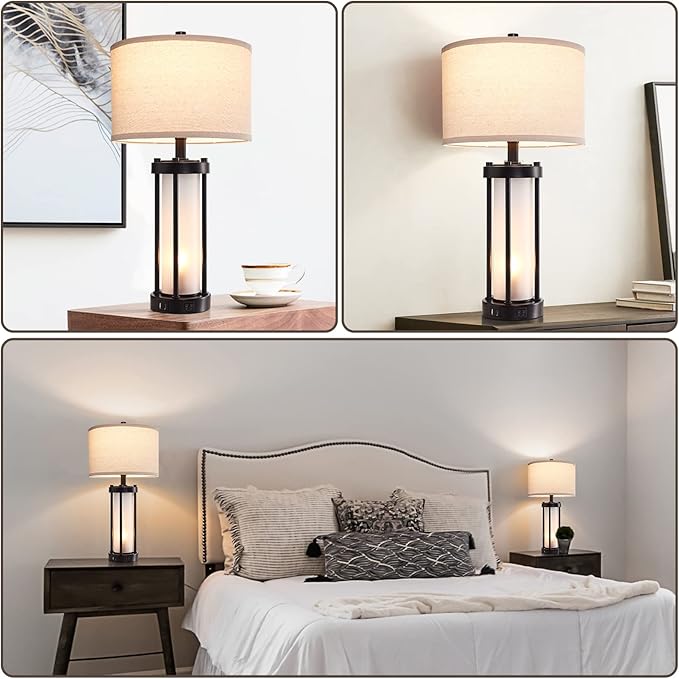 RORIA Set of 2 Modern Table Lamps for Living Room with 2 USB Ports, White Frosted Glass Nightlight for Bedroom, Contemporary Desk Lamps for Nightstand End Table Entryway, 4 Bulbs Included (Black)