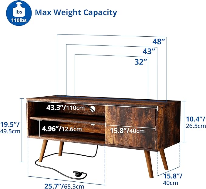 Cozy Castle TV Stand for 48 Inch TV, Mid Century Modern Entertainment Center with Storage Cabinet, TV Media Console for Living Room, Bedroom, Rustic Brown