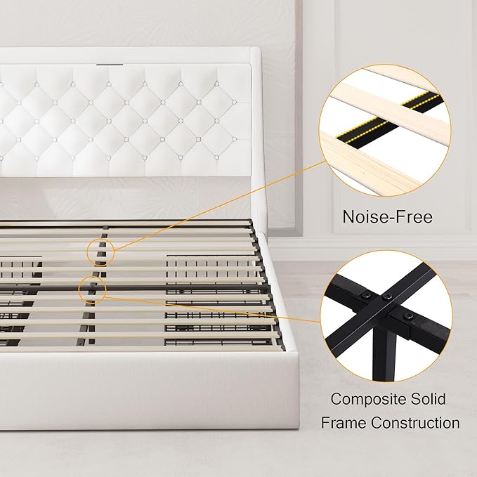 Queen Bed Frame with 4 Storage Drawers, Upholstered Bed Frame with Large Wingback Headboard, Charging Station, No Box Spring Needed, White