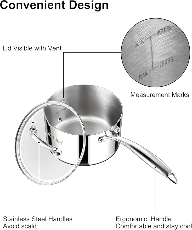 VENTION Tri-Ply Stainless Steel 1 Quart Saucepan with Lid, Bright Small Sauce Pan with Pour Spout, Small Pots for Cooking, Right Hand