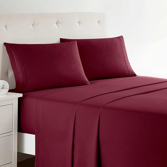 Clara Clark 1800 Premier Series 4pc Bed Sheet Set - King, Burgundy Red