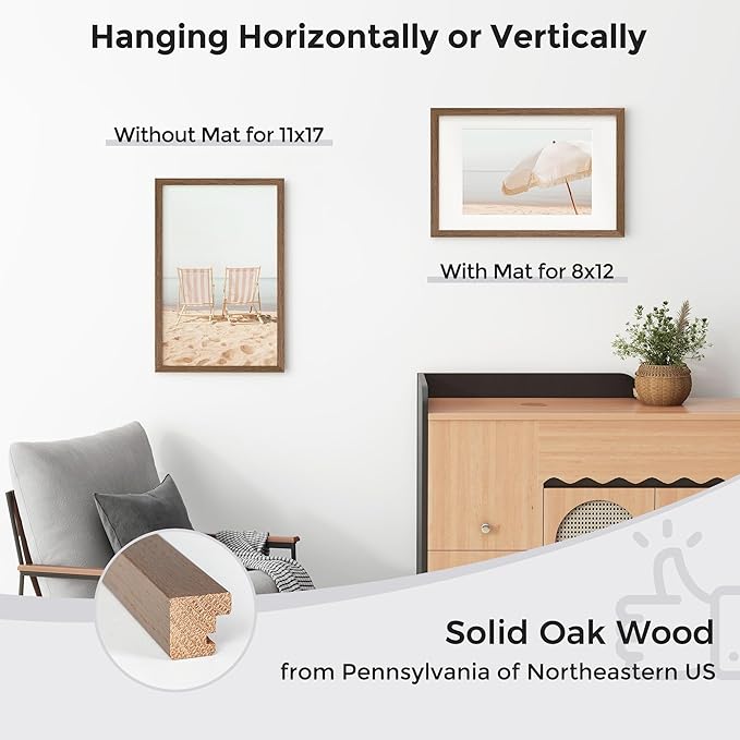 Axeman 11x17 Picture Frame with Mat for 8x12, Solid Oak Wood Poster Frame with Tempered Glass, Natural Wooden 11''x17'' Photo Frame for Wall Home Decor Art Photo and Prints with Wall Hooks, Walnut