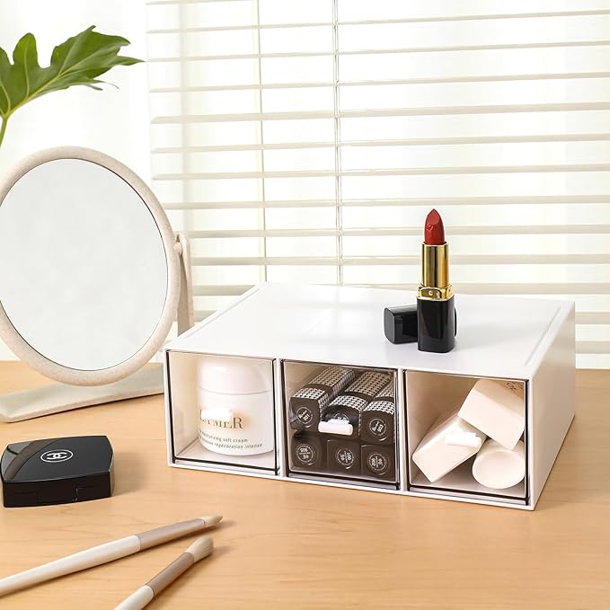 Plastic 3 Drawer Organizer for Cosmetic Storage, Desk Organizer, Makeup Organizer for nail polish, Lipstick, Brushes, Jewelry, Skincare, Bathroom Organization Boxes - White