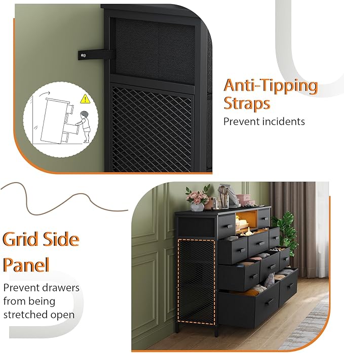 Dresser with Charging Station, Black Dresser for Bedroom with 10 Drawers, TV Stand Storage with LED Light for 55" TV, Fabric with PU Finish, Morden Chest of Drawers for Bedroom, Closet