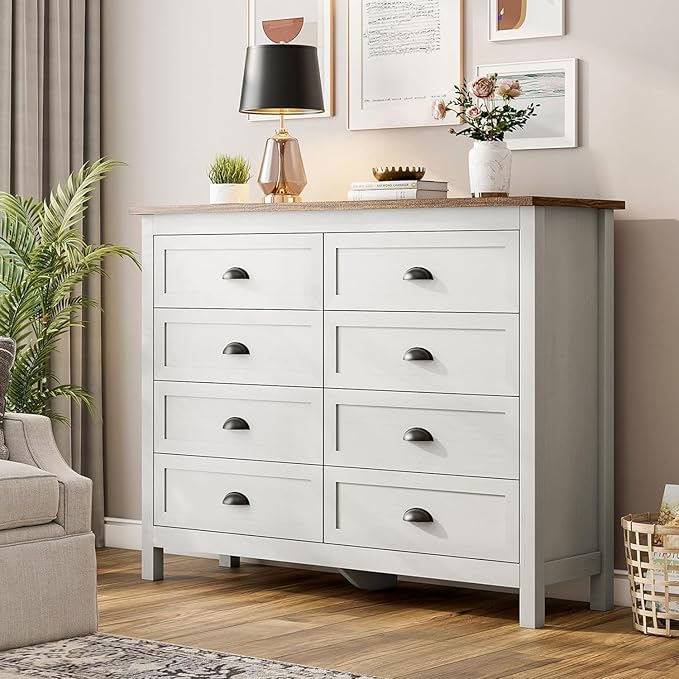 Wananlanen® Farmhouse Dresser for Bedroom, Antique Double Dresser & Chest of Drawer with Vintage Handle and Storage, Wooden Tall Rustic Organizer for Bedroom (Antique White, 8 Drawer)