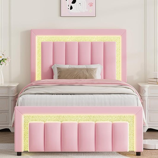 HOMBCK Twin Bed Frame with LED Lights and Velvet Upholstered Headboard, Bed Frame Twin Size with Modern Diamond Headboard Adjustable, Wooden Slats Support, Noise Free, No Box Spring Needed, Pink