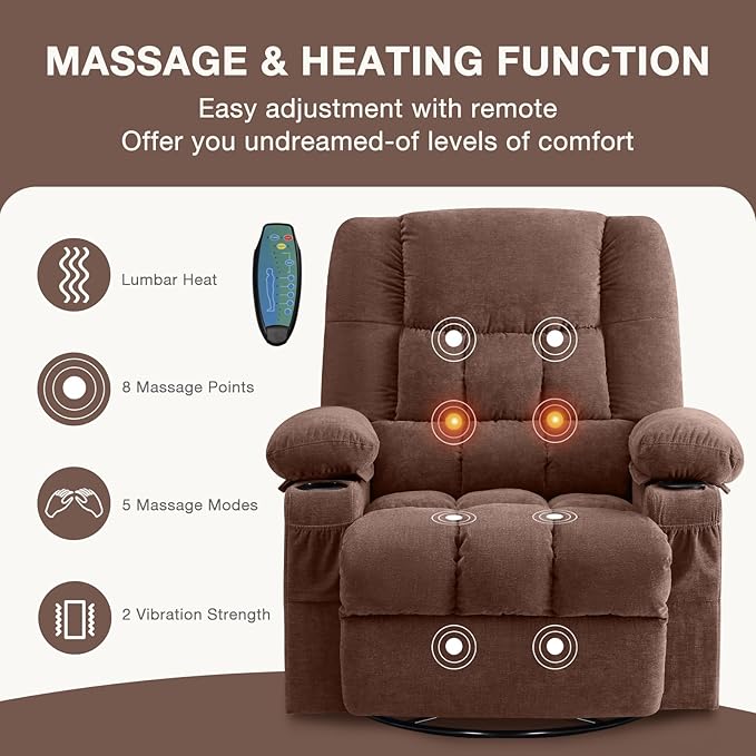 Massage Swivel Rocker Recliner Chair with Vibration Massage and Heat Ergonomic Lounge Chair for Living Room with Rocking Function and Side Pocket, 2 Cup Holders, USB Charge Port