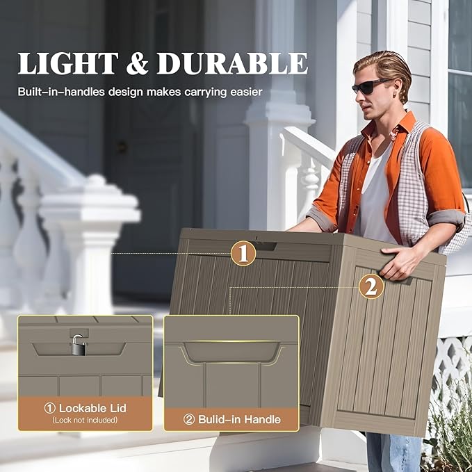 Outdoor Storage Box, 45 Gallon Waterproof Deck Box for Backyard Garden Tools, UV-Resistant Lockable Outside Storage Box for Patio Cushions, Package Delivery Box, Grey