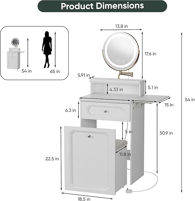3 in 1 Small Vanity, Makeup Vanity Desk with Rotatable Mirror and Lights, White Make Up Vanity Table with 3 Adjustable Lighted and Chair for Compact Space, Corner Mini Makeup Table with Fold-up Panel