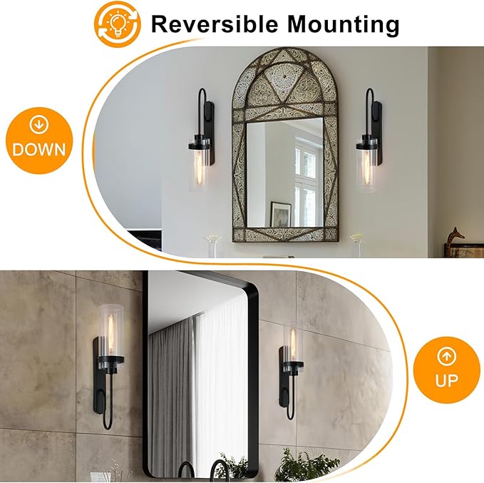 Bathroom Sconces Set of 2, Black Modern Vanity Lights with Clear Glass Shade, Indoor Farmhouse Wall Sconce for Living Room, Bedroom, Hallway, Stairwell and Kitchen