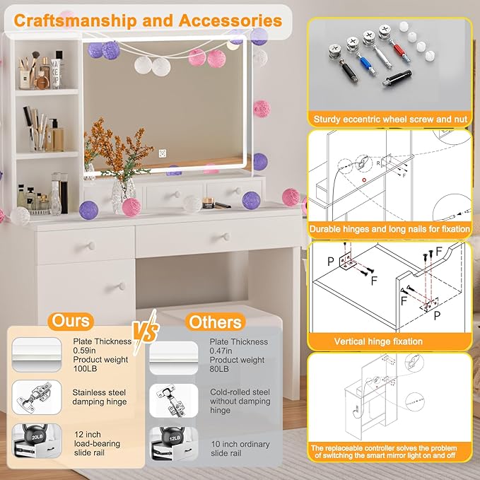 Vanity Desk with Mirror, Includes Dream Box, LED Lights, Power Outlet, 5 Drawers & 3 Shelves, Elegant Cream Design for Bedroom, Storage Stool