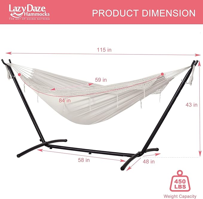 Lazy Daze Hammocks 9FT Double Hammock with Sturdy Steel Stand and Durable Fabric, Camping Lace Hammocks Include Portable Carrying Case, 450 LBS Capacity