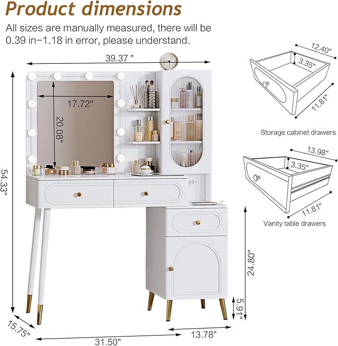 Vanity Desk with Mirror and Lights, with Power Outlet and 10 Lights Modern Capacity Makeup Vanity with 3 Drawers, Makeup Table for Bedroom,Makeup Room,White