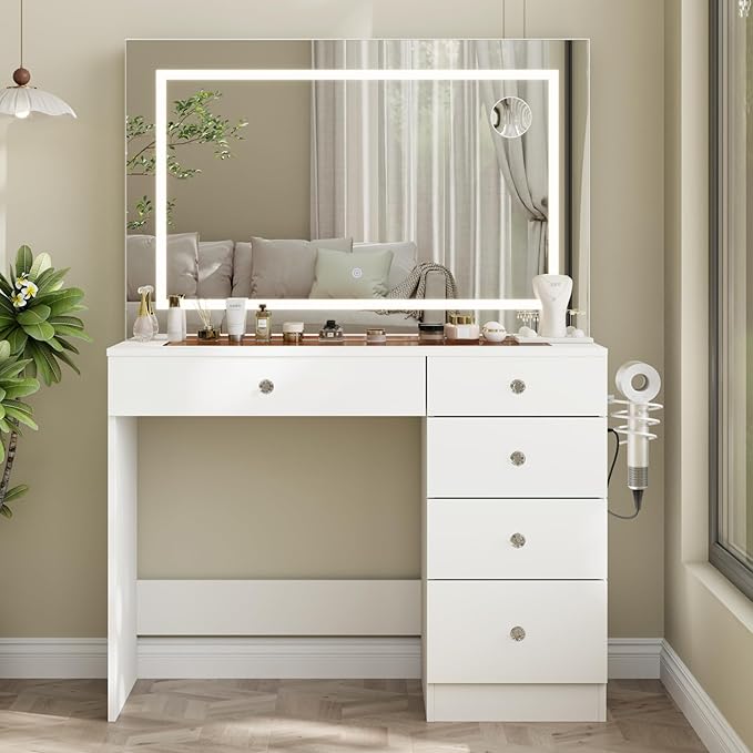 39" Vanity Desk with Mirror and Lights, 5 Drawers Makeup Vanity Desk with Tempered Glass top, 3 Lighting Modes Adjustable Brightness, White Vanity with Magnetic 5X Magnifier for Bedroom