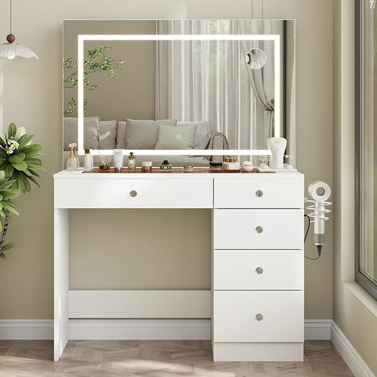 39" Vanity Desk with Mirror and Lights, 5 Drawers Makeup Vanity Desk with Tempered Glass top, 3 Lighting Modes Adjustable Brightness, White Vanity with Magnetic 5X Magnifier for Bedroom