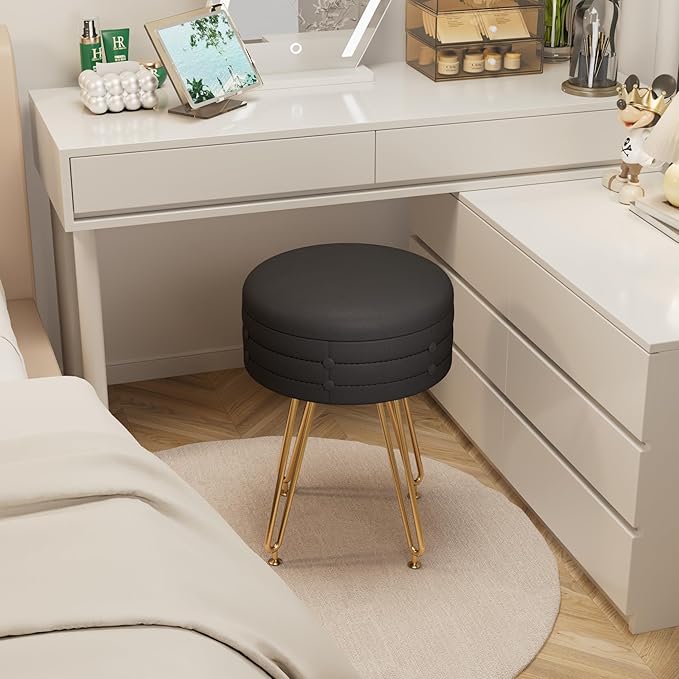 VECELO Round Vevlet Vanity Stool with Storage, 4 Metal Legs Vanity Seat with Anti-Slip Feet, Modern Vanity Chairs Footrest Furry Padded Seat, Space Saving, Easy to Clean for Makeup, Bedroom, Black