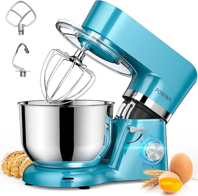 Stand Mixer, POWWA 7.5 QT Electric Mixer, 6+P Speed 660W Household Tilt-Head Kitchen Food Mixers with Whisk, Dough Hook, Mixing Beater & Splash Guard for Baking, Cake, Cookie, Kneading (Blue)