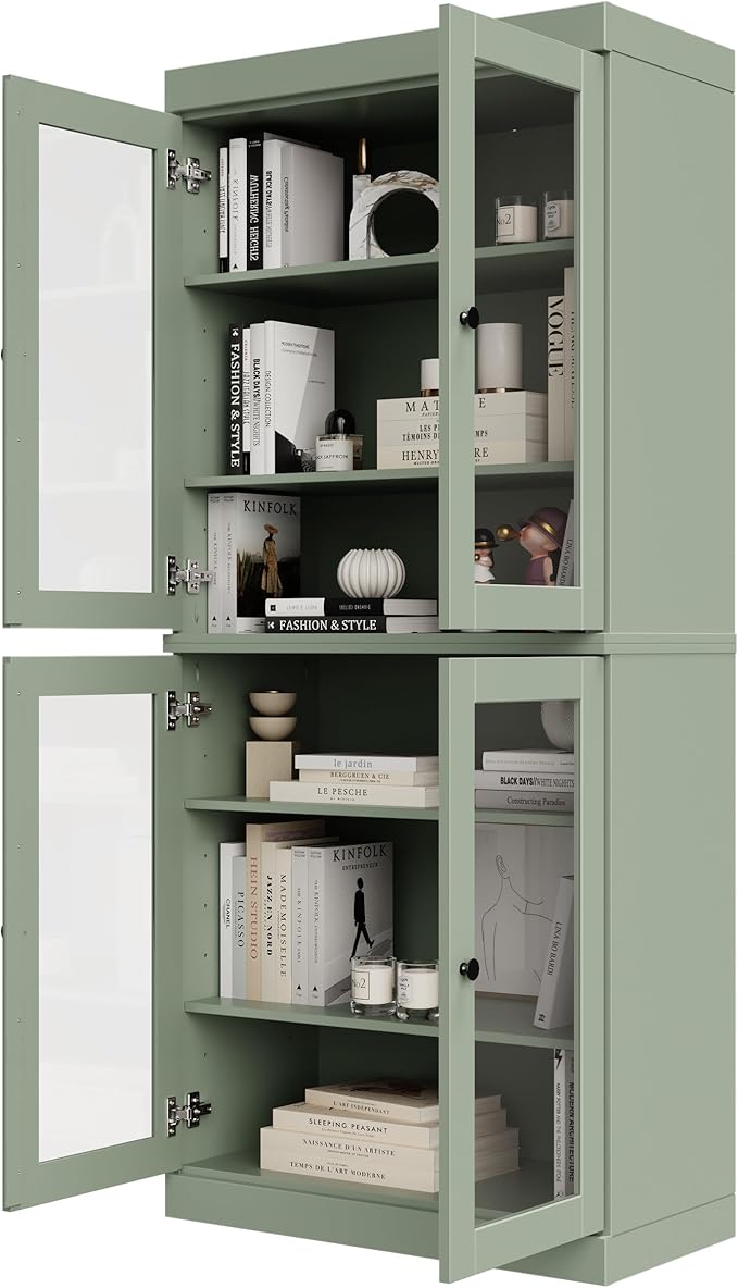 Palace Imports Solid Wood Bookcase - 6-Tier Bookshelf, 71.5” H x 32” W - Sage, Clear Glass Cabinet Doors & Adjustable Shelves, Tall Bookcase, 100% Renewable Eco-Friendly Wood, Made in Brazil