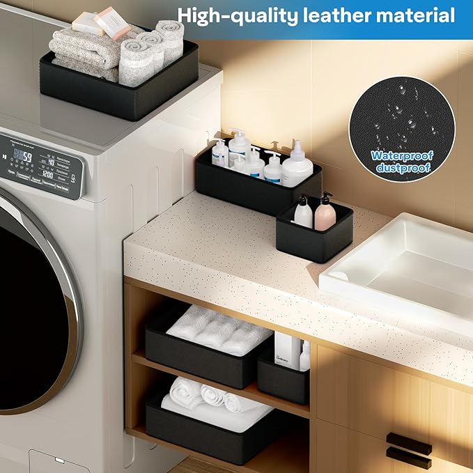 Vegan Leather Drawer Organizers,12 Pack Makeup Storage boxes,Vanity Drawer Luxury upgrade,Bedroom fabric Drawers replacement,bathroom organization and storage Optimal solution