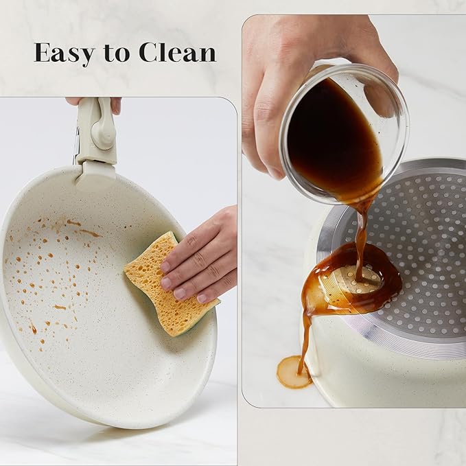 FAB&DELUXE 12 Pcs Nonstick Pots and Pans Set, Granite Cookware Set with Detachable Handle, Induction Compatible, Saucepan, Frying Pan, Silicone Utensils, Dishwasher & Oven Safe, Khaki