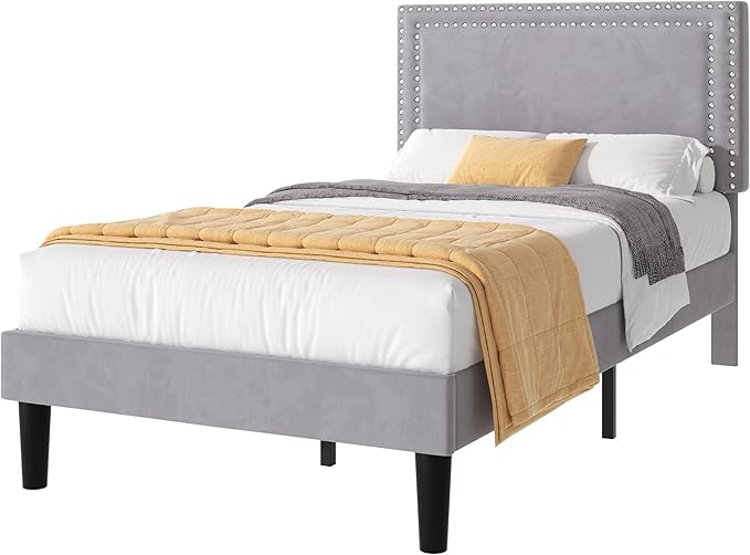 VECELO Twin Size Platform Bed Frame with Adjustable Upholstered Headboard, Strong Wood Slat Support, No Box Spring Needed, Easy Assembly