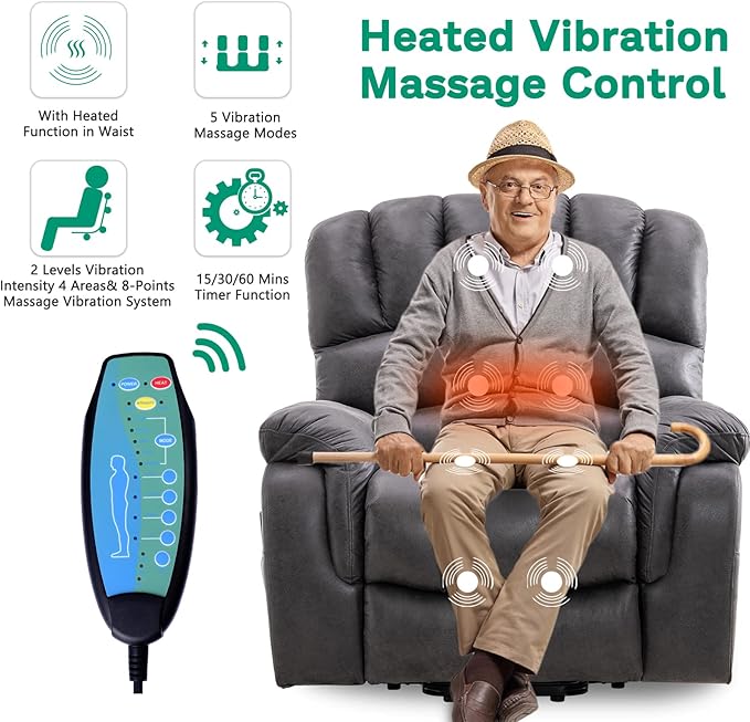 VIVIJASON Large Dual OKIN Motor Lay Flat Sleeper Lift Recliner Chair with Heat & Massage for Elderly, Infinite Position Electric Power Recliner with 2 Remote Controls, Side Pockets & USB Ports, Gray