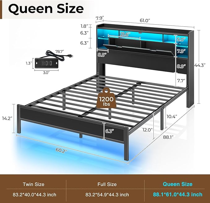 Rolanstar Queen Bed Frame with Headboard, LED Bed with Bookcase Storage and Charging Station, Metal Platform Bed with Glass Shelves, No Box Spring Needed, Noise-Free, Black