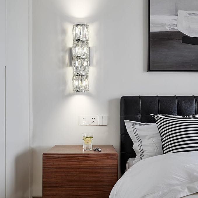 Crystal Wall Sconces Set of Two, Modern Sconces Wall Decor Set of 2 Chrome Bedroom Indoor Wall Sconce Bedside Wall Mounted Lamp for Hallway Bathroom Vanity Light Fixtures