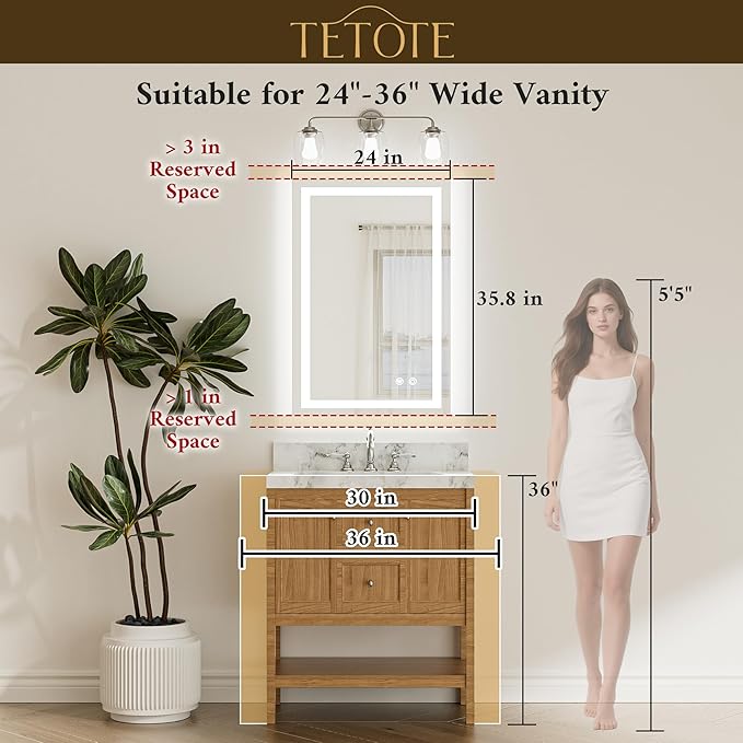 TETOTE LED Bathroom Mirror 24 x 36 Brighter Light up Mirror with Lights, Front and Backlit Lighted Mirror for Bathroom 3-Color Dimmable Led Vanity Illuminated Anti Fog Wall Mirror, Tempered Glass