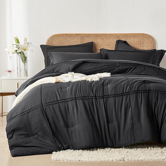 Yogeneg Twin Comforter Set 5 Piece Bed in a Bag,Grid Pinch Pleat Black Twin Bedding Set,Striped Textured Soft Microfiber Comforter with Sheet Set,All Season Complete Bed Set(Black,Twin)