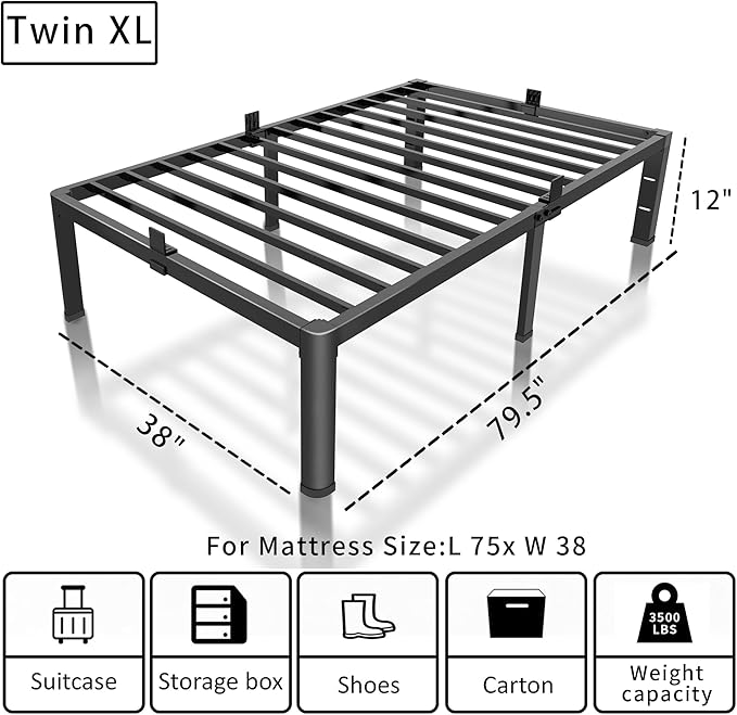 ROIL 12 inch Twin XL Bed Frames with Headboard Hole and Round Corner Legs Mattress Retainers 3500LBS Heavy Duty Steel Slats No Box Spring Needed Platform Noise-Free Underneath Storage