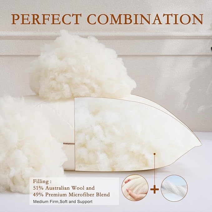 YOUR MOON Standard Size Organic Wool Pillow, Soft Support Bed Pillows for Sleeping, Natural Wool Filling, Luxury Down Alternative Pillow for Side & Back Sleepers, 100% Cotton Cover (Beige)